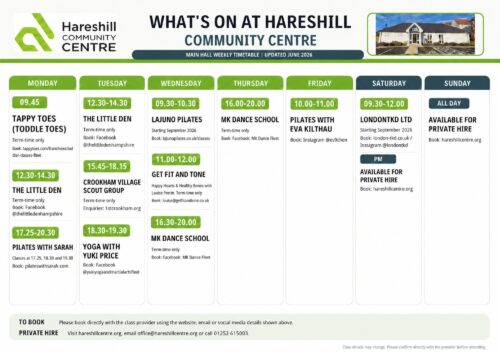 poster with text overlay listing the current classes and activities at Hareshill Community Centre.